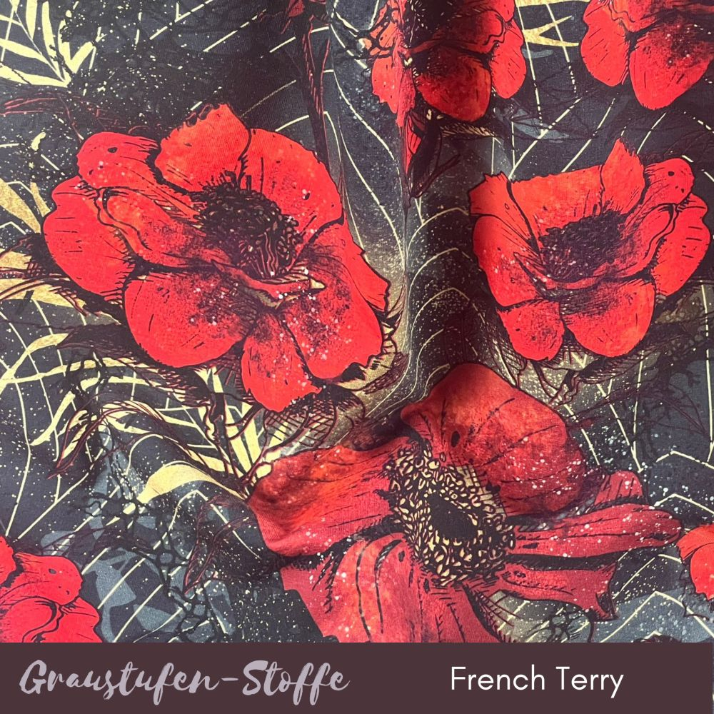 French Terry Stoff, rote Mohnblumen auf schwarz mit gold, Eigenproduktion "Moulin la nuit" von Graustufen-Stoffe